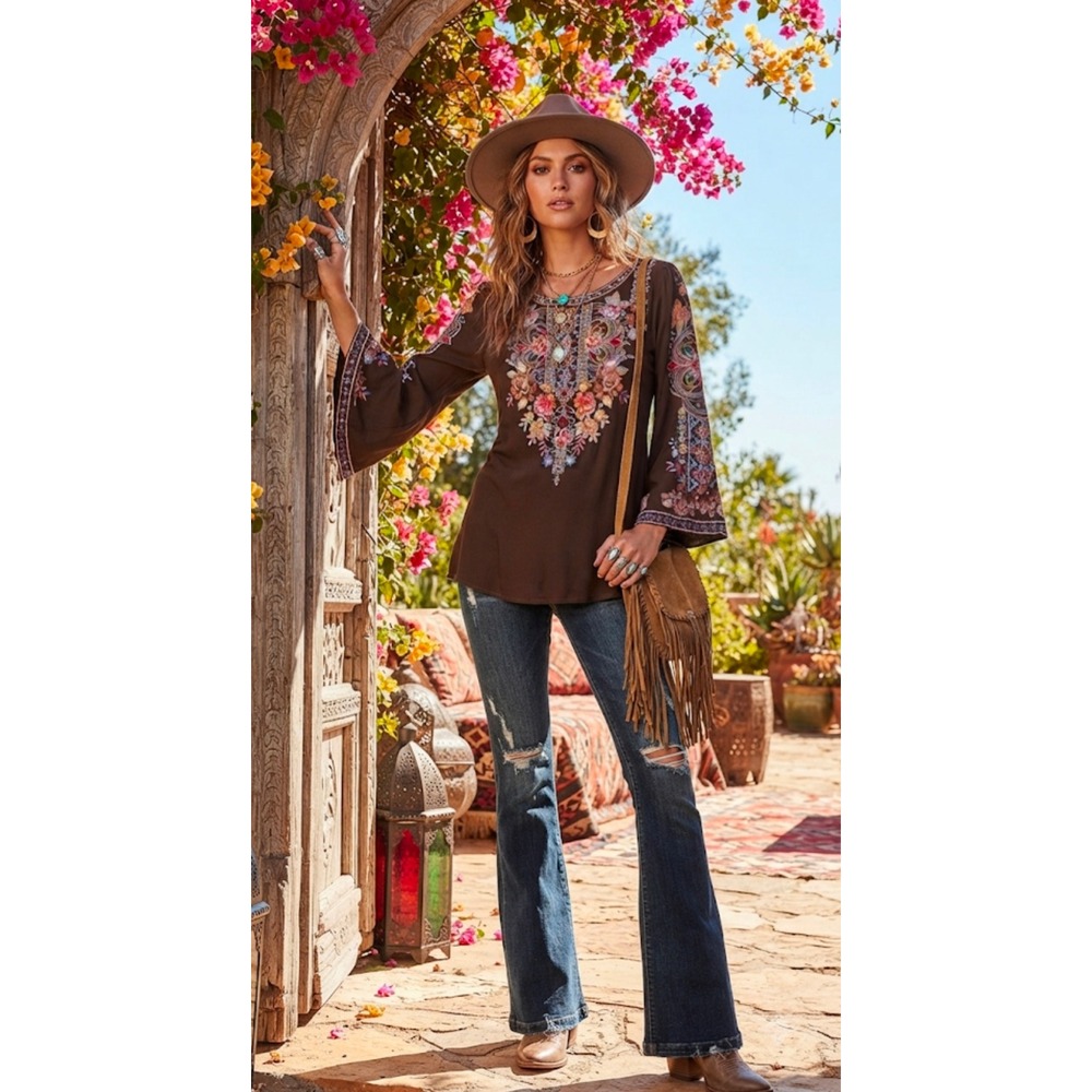 Savanna Jane Brown Floral Embroidered Boho Peasant Blouse Small 3/4 Bell Sleeve